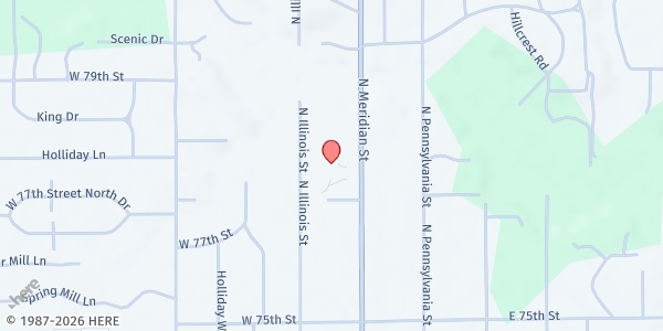 Map showing Northside Mission Food Pantry at Second Presbyterian Church at 7700 N Meridian St, Indianapolis, IN