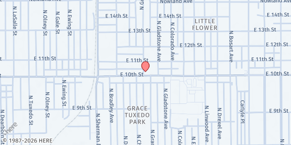 Map showing Praise and Worship Ministries at 4102 E 10th St, Indianapolis, IN