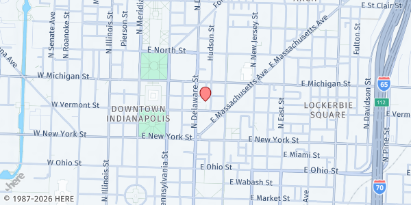 Map showing Roberts Park UMC at 401 N. Delaware St., Indianapolis, IN