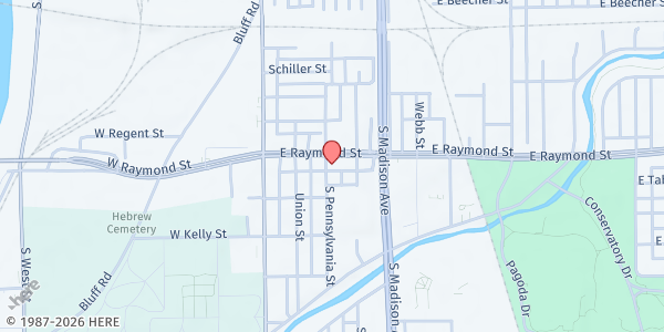 Map showing Share Pantry Diversity Church at 101 E Raymond St, Indianapolis, IN