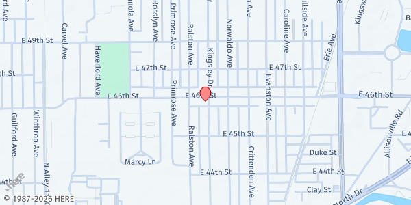 Map showing SoBro Community Church at 1733 E. 46th St., Indianapolis, IN
