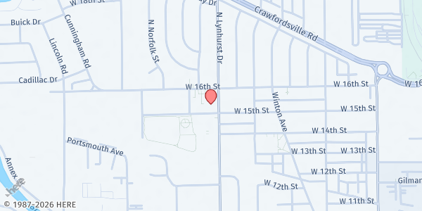 Map showing St. Christopher Catholic Church at 5301 W. 16th St., Indianapolis, IN