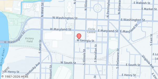 Map showing St. John the Evangelist Catholic Church Garden Door Ministry at 126 W. Georgia St., Indianapolis, IN