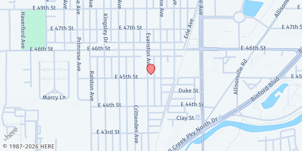 Map showing Uplifting Spirits Church in Christ at 4501 Evanston Ave, Indianapolis, IN