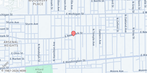 Map showing Westminster Neighborhood Services - Indianapolis at 2325 E New York St, Indianapolis, IN