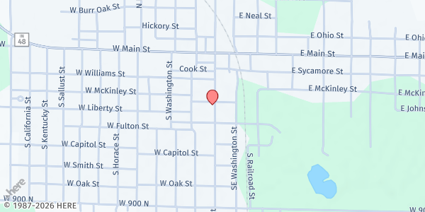 Map showing Jasonville UMC at 303 S. Meridian St., Jasonville, IN