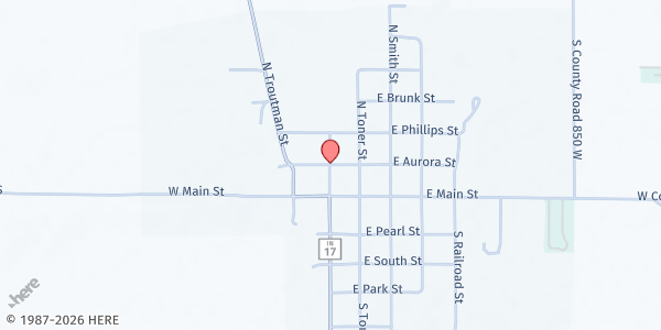 Map showing Food Finders Mobile- Water Tower Town Lot at 101 E Aurora St, Kewanna, IN