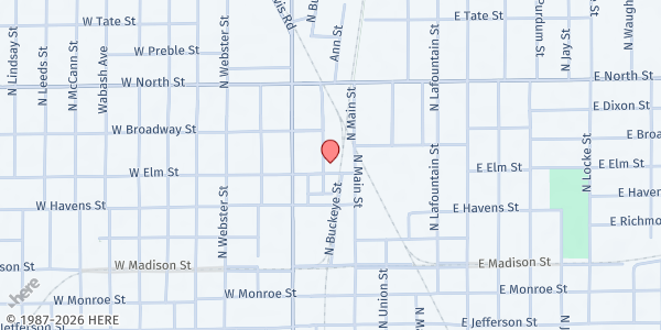 Map showing Woodland Church of God Samaritan Love Pantry at 124 W. Elm St., Kokomo, IN