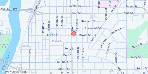 Map showing Brown Street UMC at 905 Brown Street, Lafayette, IN