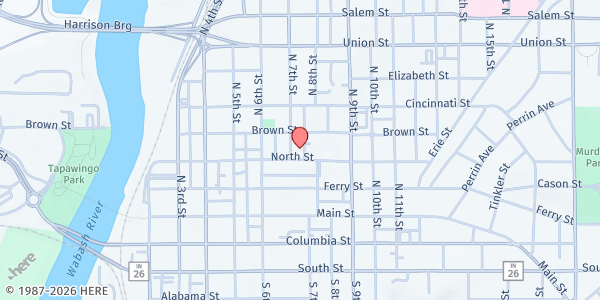 Map showing Health Hut - First Baptist Church at 411 N. 7th St., Lafayette, IN
