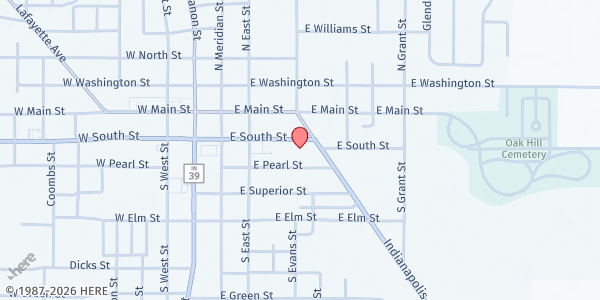 Map showing St. Joseph Catholic Church - Five Loaves Two Fish Food Pantry at 319 E South St, Lebanon, IN