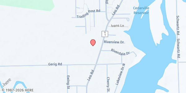 Map showing Leo Methodist Church at 13527 Leo Rd., Leo, IN