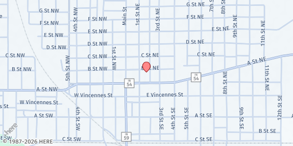 Map showing Linton First UMC at 150 2nd St. NE, Linton, IN