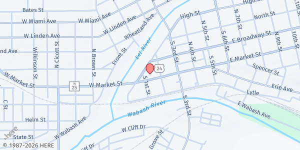 Map showing Food Finders Mobile- All Saints Catholic Church at 112 East Market St, Logansport, IN
