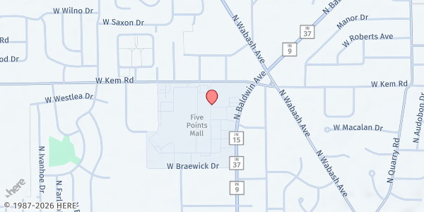 Map showing Tailgate at the Five Points Mall at 1129 N Baldwin Ave, Marion, IN