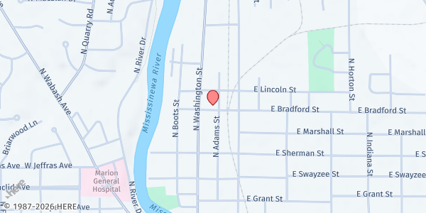 Map showing The Proud American Food Bank (The Veterans Warehouse) at 503 N. Adams St., Marion, IN