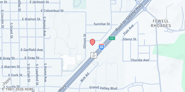 Map showing Martinsville First Church of the Nazarene at 1609 John R Wooden Dr, Martinsville, IN