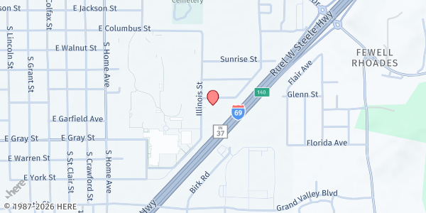 Map showing Martinsville First Church of the Nazarene Food Pantry at 1609 John R Wooden Dr., Martinsville, IN