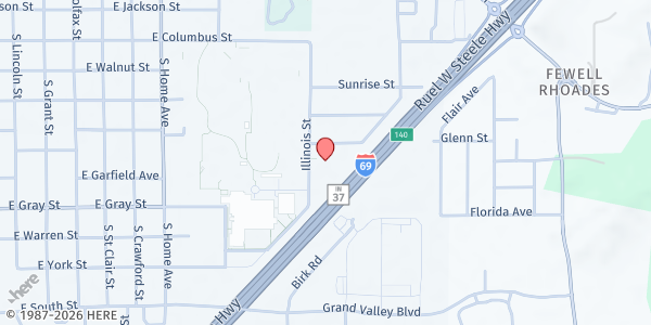 Map showing Martinsville First "M1" Church of the Nazarene Food Pantry at 1609 John R Wooden Dr, Martinsville, IN