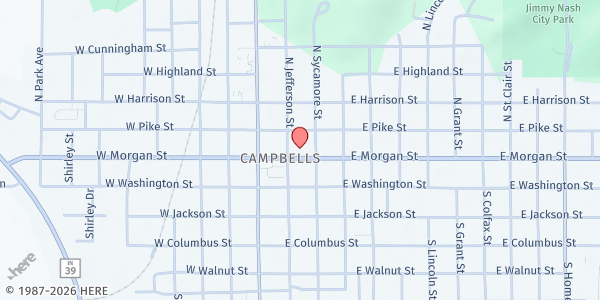 Map showing Red Barn Thrift Shop & Food Pantry at 146 E. Morgan St., Martinsville, IN
