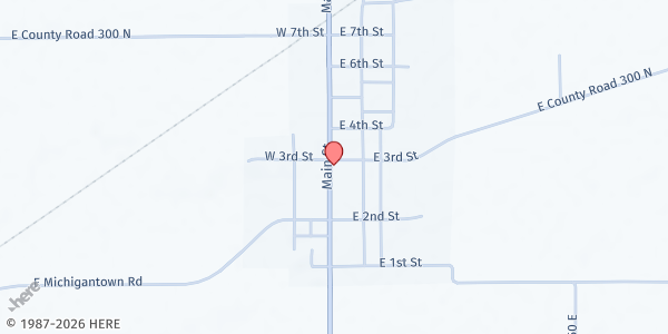 Map showing Michigantown Methodist Church at 301 E. 3rd St., Michigantown, IN