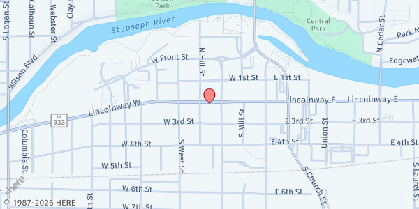 Map showing Mishawaka Food Pantry Front Desk at 315 Lincolnway W, Mishawaka, IN