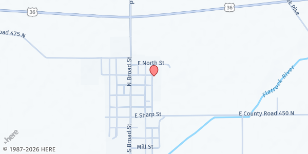 Map showing Mooreland Area Food Pantry at 208 E. High St., Mooreland, IN