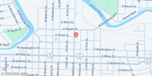 Map showing Blood-N-Fire at 300 N. Madison St., Muncie, IN