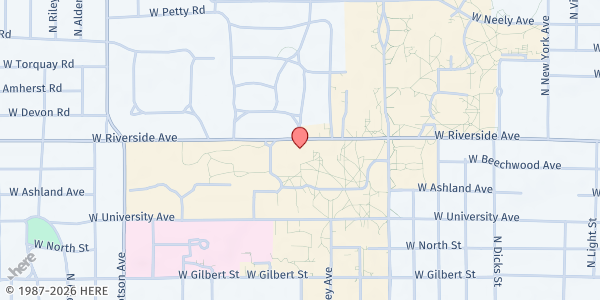Map showing Cardinal Kitchen - L.A. Pittenger Student Center (Room L-27) at 2000 W. University Ave., Muncie, IN
