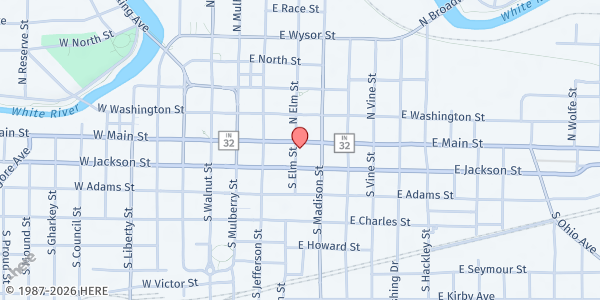 Map showing Christian Ministries of Delaware County at 401 E. Main St., Muncie, IN