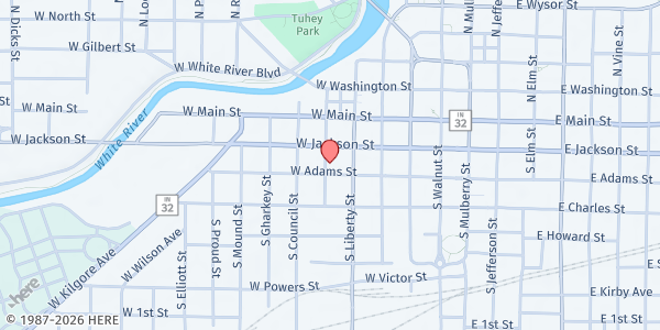 Map showing Friends Memorial Church at 418 W Adams St, Muncie, IN