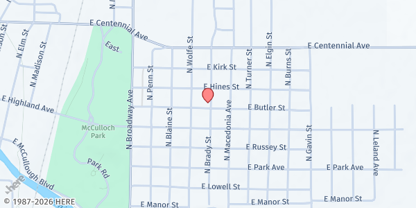 Map showing Greater Mount Calvary at 1524 E Butler St., Muncie, IN