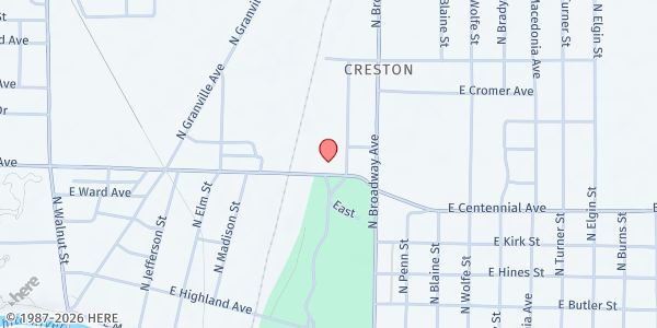 Map showing Harvest Christian Fellowship at 1010 E. Centennial Ave., Muncie, IN