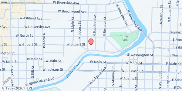 Map showing Holy Trinity Lutheran Church at 900 W. White River Blvd., Muncie, IN