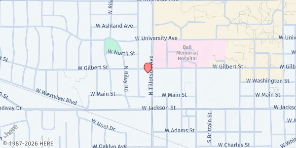 Map showing Meridian Pediatrics at 205 N Tillotson Ave., Muncie, IN
