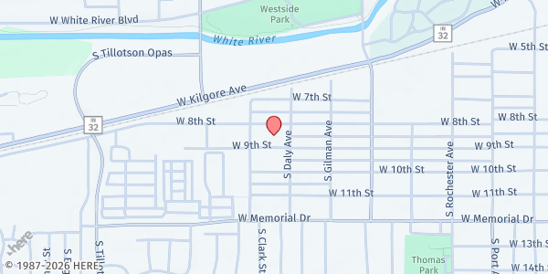 Map showing Muncie Delaware County Senior Center at 2517 W 8th St, Muncie, IN