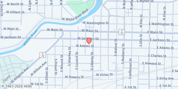 Map showing Muncie Friends Food Pantry at 418 W. Adams Street, Muncie, IN