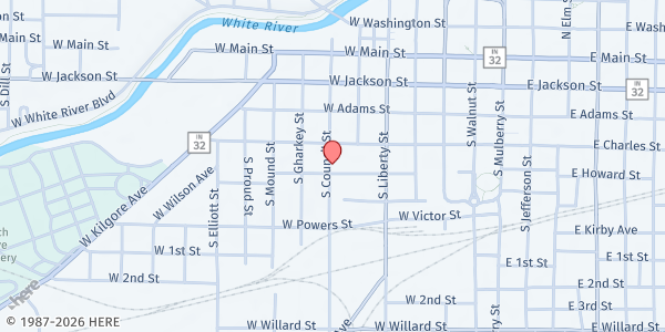 Map showing Old Town Hill Baptist Church - Food Pantry at 524 W. Howard St., Muncie, IN