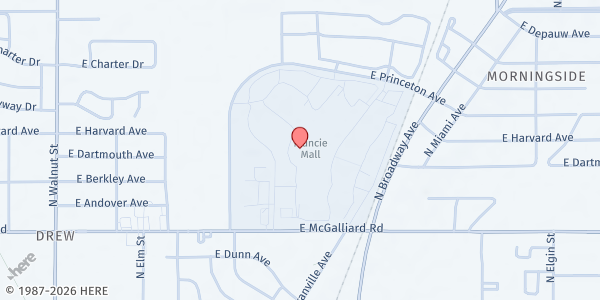 Map showing Tailgate at the Muncie Mall at 3501 N. Granville Ave., Muncie, IN