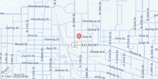 Map showing God's Grain Bin at 1623 Vine Street, New Castle, IN