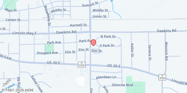 Map showing Emanuel Lutheran Church at 800 Green St, New Haven, IN