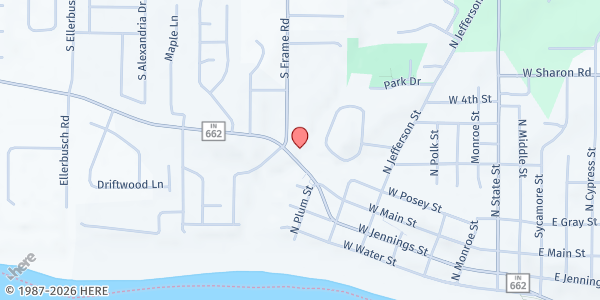 Map showing Newburgh Area Food Pantry at 625 Frame Rd, Newburgh, IN