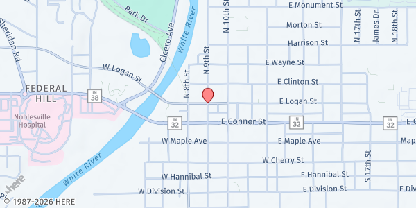 Map showing Calvary Baptist Church at 95 North 9th Street, Noblesville, IN