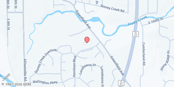 Map showing First Christian Church at 16377 Herriman Boulevard, Noblesville, IN