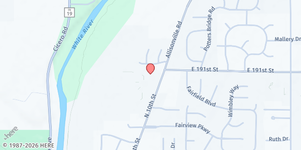 Map showing White River Christian Church Food Pantry at 1685 North 10th Street, Noblesville, IN