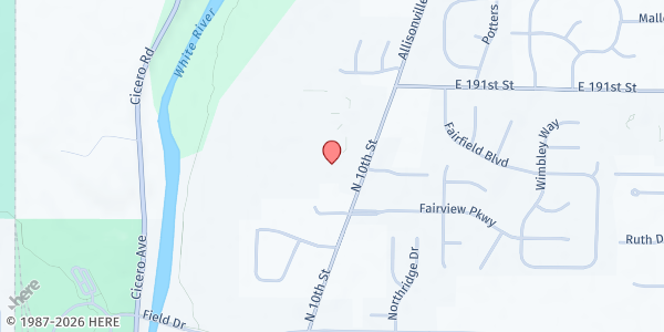 Map showing White River Christian Church Pantry at 1605 North 10th Street, Noblesville, IN