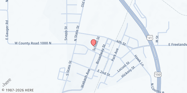 Map showing First Christian Church of Oaktown at 103 School St, Oaktown, IN
