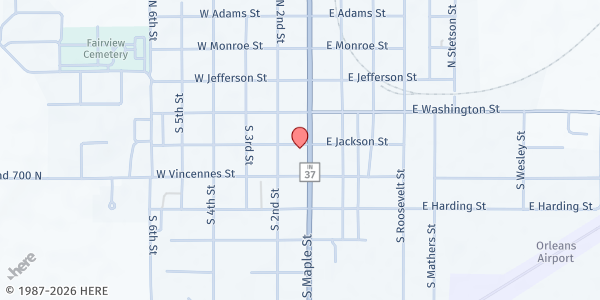 Map showing Families First Mobile Pantry Orleans at 319 S Maple St, Orleans, IN