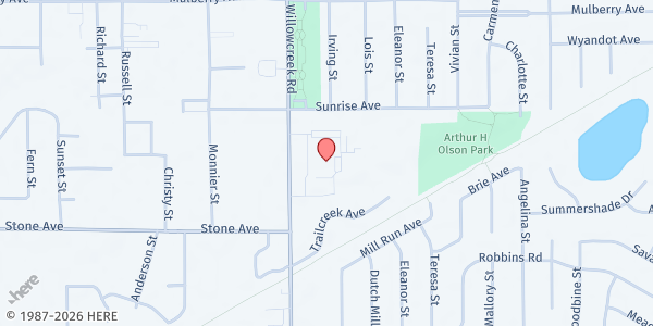 Map showing Nativity of Our Savior at 2949 Willowcreek Road, Portage, IN