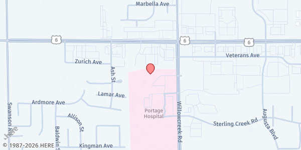 Map showing Portage Township Food Pantry at 3590 Willowcreek, Suite A, Portage, IN